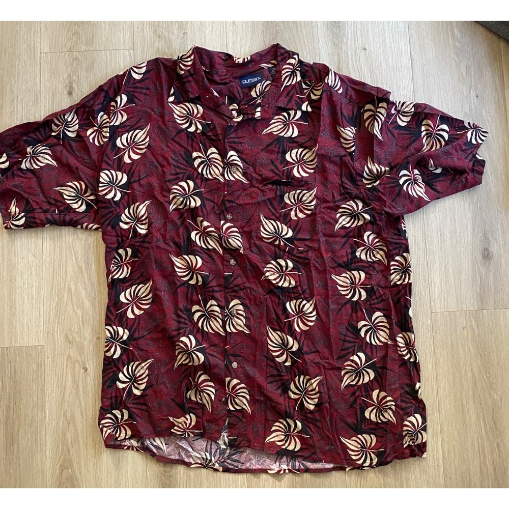Puritan Mens XL Hawaiian Shirt Red Tropical Leaf 100% Rayon Aloha Button Up